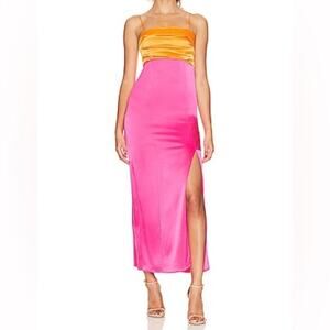 Alice + Olivia Color Block Midi Dress in Orange and Pink